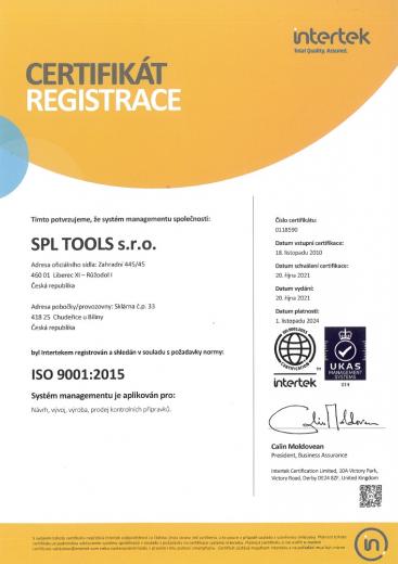 certfikat ISO 9001:2015 - SPL TOOLS - CZ